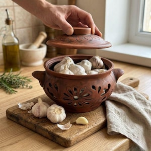 Könnte beinhalten: Ein brauner Knoblauchtopf aus Keramik mit Deckel, gefüllt mit Knoblauchzehen. Der Topf hat dekorative Ausschnitte. Knoblauchzehen und -knollen liegen auf einem Holzschneidebrett.