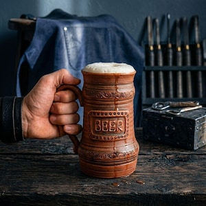 Pode incluir: Uma caneca de cerveja de cerâmica castanha com superfície texturizada, apresentando um painel retangular em relevo com a palavra BEER em letras maiúsculas. A caneca tem padrões decorativos de volutas no topo e na base e está cheia de espuma.