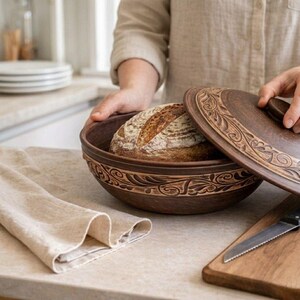 Ceramic Bread Box With Lid, Sourdough Bread Baker, Handmade Terracotta Bread Keeper, Bread Storage Bowl, New Home Gift