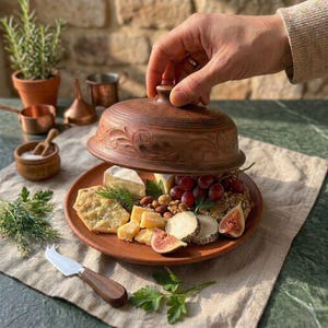 Könnte beinhalten: Eine Terrakotta-Käseglocke mit floralem Design, die eine Platte mit Käse, Crackern, Trauben und Feigen zeigt. Ein Käsemesser liegt neben der Platte. Die Szene ist auf einem Leinentuch aufgebaut.