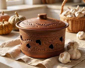 Garlic Keeper with Lid, Hand-Carved Terracotta Garlic & Onion Storage with Heart Cutouts, Rustic Clay Pot, Farmhouse New Home Gift
