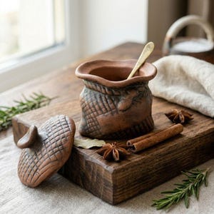 Può includere: Un barattolo in ceramica marrone con un esterno testurizzato che ricorda un intreccio e un coperchio rimovibile abbinato. Il barattolo presenta un bordo largo e leggermente irregolare e contiene un piccolo cucchiaio in metallo. Finitura opaca.