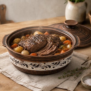 Pode incluir: Uma panela de barro castanha com tampa, apresentando uma faixa branca com um padrão de folhas escuras. No interior, um pedaço grande de carne de vaca selada está rodeado por cenouras, batatas e cebolas pequenas cozidas num caldo saboroso.