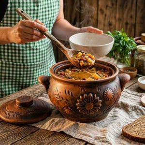 May include: A round, brown clay pot with a matching lid, featuring embossed sunflower and leaf patterns. The pot contains a hearty vegetable stew, and a wooden spoon is lifting a portion of the stew above the pot. The pot has two side handles.