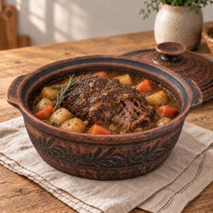 Può includere: Una pentola di terracotta rotonda color marrone scuro con un motivo a foglie in rilievo all'esterno, riempita con un arrosto di manzo a cottura lenta, carote a cubetti e patate in brodo, guarnita con un rametto di rosmarino.