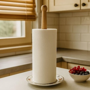 Portarotolo di carta riciclata / Piatto di porcellana vintage e legno di frassino / Decorazione da cucina in stile cottagecore fatta a mano / Regalo unico nel suo genere