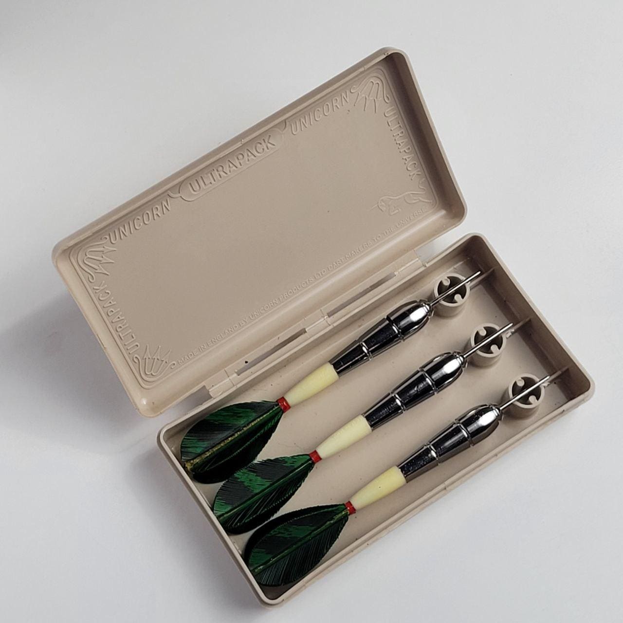 Vintage Unicorn Feather Darts Set • 3 Steel Tip Darts in Ultrapack Case • Made in England • Pub Game • 1960s Dart Collectible Gift