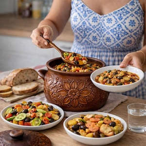 May include: A brown ceramic casserole dish with a floral design, filled with a colorful vegetable stew. The image shows the stew being served into white bowls. Sliced bread and a glass of water are also visible.