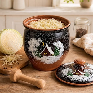 Pode incluir: Um pote de fermentação de cerâmica castanho-escuro com acabamento salpicado, apresentando uma cena de inverno pintada à mão de uma cabana na neve. O conjunto inclui uma tampa a condizer com puxador e um maço de madeira para preparar couve.