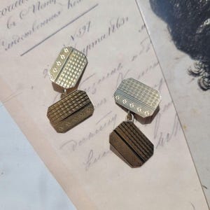 Vintage Steampunk Manschettenknöpfe | Gold auf Silber | Doppelseitige Kettenglied | Geometrisches Art Deco Muster | Geschenk Hochzeit Manschettenknöpfe
