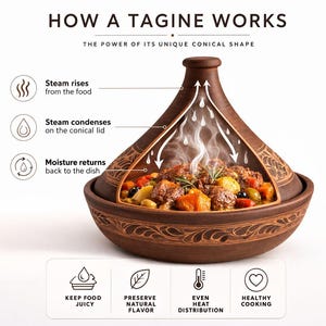 May include: A brown tagine pot with a conical lid, demonstrating its unique shape. The image shows how steam rises, condenses, and returns, with text reading "How a Tagine Works." The pot contains food with vegetables and olives.
