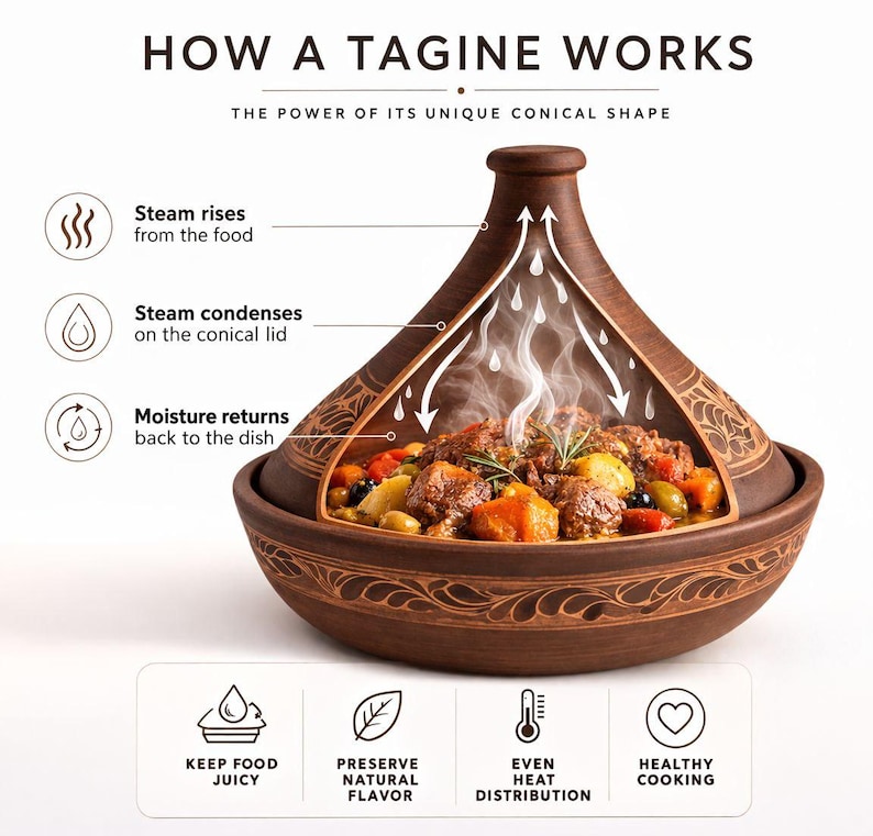 May include: A brown tagine pot with a conical lid, demonstrating its unique shape. The image shows how steam rises, condenses, and returns, with text reading "How a Tagine Works." The pot contains food with vegetables and olives.