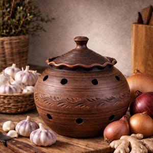 May include: A round, brown clay garlic keeper with a matching lid, featuring a scalloped rim, horizontal incised leaf patterns, and multiple circular ventilation holes around the body to allow for airflow while storing garlic bulbs.