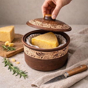 May include: A brown ceramic cheese keeper with a decorative floral design on the lid and body. The keeper holds a wedge of yellow cheese. A wooden cheese board with cheese and rosemary sprigs is in the background.
