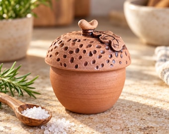 Acorn Salt Cellar with Lid, Terracotta Salt Pig, Salt Holder, Kitchen Witch Decor, Hostess Gift, 9th Anniversary Pottery Gift