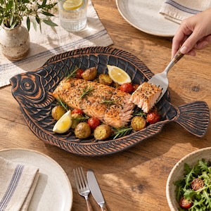 Travessa grande de cerâmica em formato de peixe, feita à mão em cerâmica vermelha, ideal para assar e servir, louça artesanal, decoração costeira, presente para 9º aniversário de casamento.