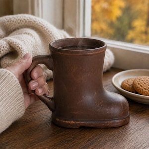 Handgemaakte terracotta mok in de vorm van een laars, gebakken in melkkeramiek, koffiekopje, 350 ml