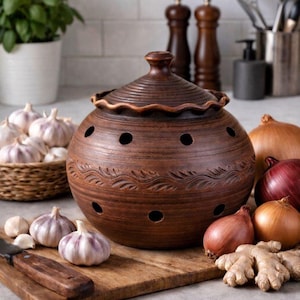 Grande réserve d'ail - ukrainien, argile rouge, sculpté à la main, finition à traire