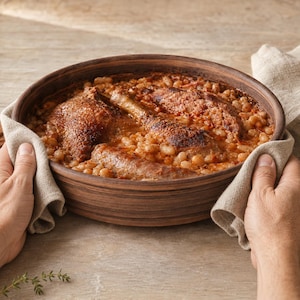 Könnte beinhalten: Eine runde, dunkelbraune Keramik-Auflaufform gefüllt mit einem herzhaften Cassoulet aus weißen Bohnen, gebräunter Entenkeule und Wurst in einer reichhaltigen, rotbraunen Soße, gehalten von zwei Händen mit einem hellbeigen Leinentuch.