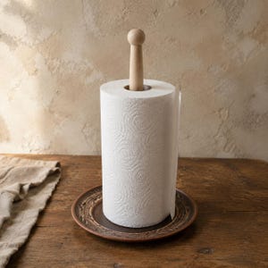 May include: A paper towel holder featuring a light-colored wooden central spindle with a spherical top, mounted on a dark brown circular ceramic plate with a decorative embossed rim, holding a roll of white paper towels with a textured pattern.