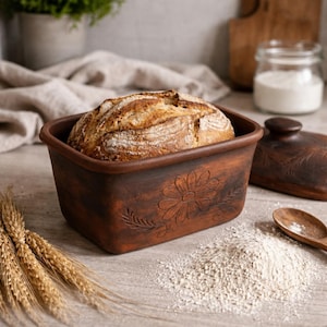 May include: A rectangular brown clay baking dish with a carved daisy flower design on the side, containing a freshly baked loaf of crusty bread. The dish features a matching lid placed nearby, accompanied by a small pile of flour and wheat stalks.