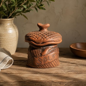 Pinch Salt Cellar with Lid, Handmade Clay Salt Pot, Small Kitchen Salt Holder, Rustic Cooking Jar, New Home Gift