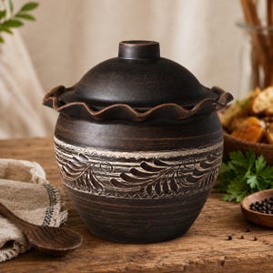 May include: A dark brown ceramic pot with a matching lid, featuring a ruffled rim and a wide band around the center decorated with an embossed leaf pattern in a lighter, weathered white finish, showcasing a rounded, bulbous body shape.