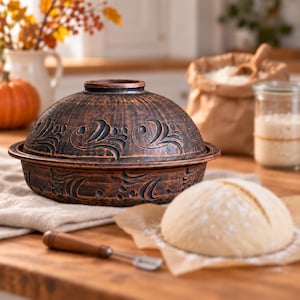 May include: A round, dark brown clay baking dish with a domed lid, featuring intricate carved floral patterns. The exterior has a rustic, weathered finish with visible dark and light brown tones, and the lid includes a central circular handle.