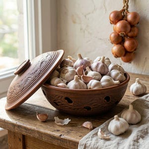 Könnte beinhalten: Ein rustikaler, brauner Keramik-Knoblauchtopf mit Deckel, gefüllt mit frischen Knoblauchzehen. Die Schüssel hat dekorative Aussparungen und steht auf einer Holzoberfläche. Ein Bund Zwiebeln hängt im Hintergrund.