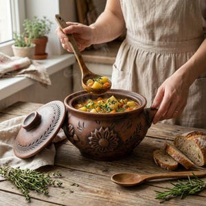 Può includere: Una pentola in terracotta marrone di forma rotonda con coperchio abbinato, caratterizzata da motivi floreali in rilievo sull'esterno. La pentola è riempita con uno stufato di verdure con patate e carote, servito con un mestolo di legno. Pane affettato.