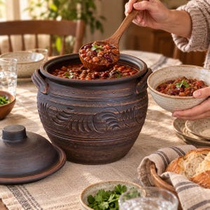 Puede incluir: Una olla de cerámica redonda de color marrón oscuro con dos asas laterales y tapa a juego, con patrones de volutas en relieve. Un cucharón de madera sostiene una porción de chili con frijoles y hierbas, junto a un cuenco de cerámica.