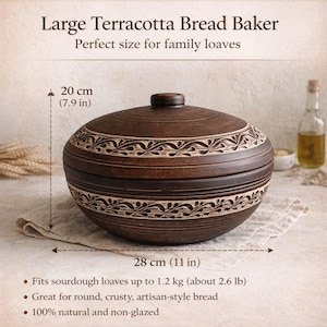 Bread Baker Clay Cloche 28 cm, Terracotta Baking Dish with Lid, Sourdough Bread Pot, Artisan Oven Style Baker
