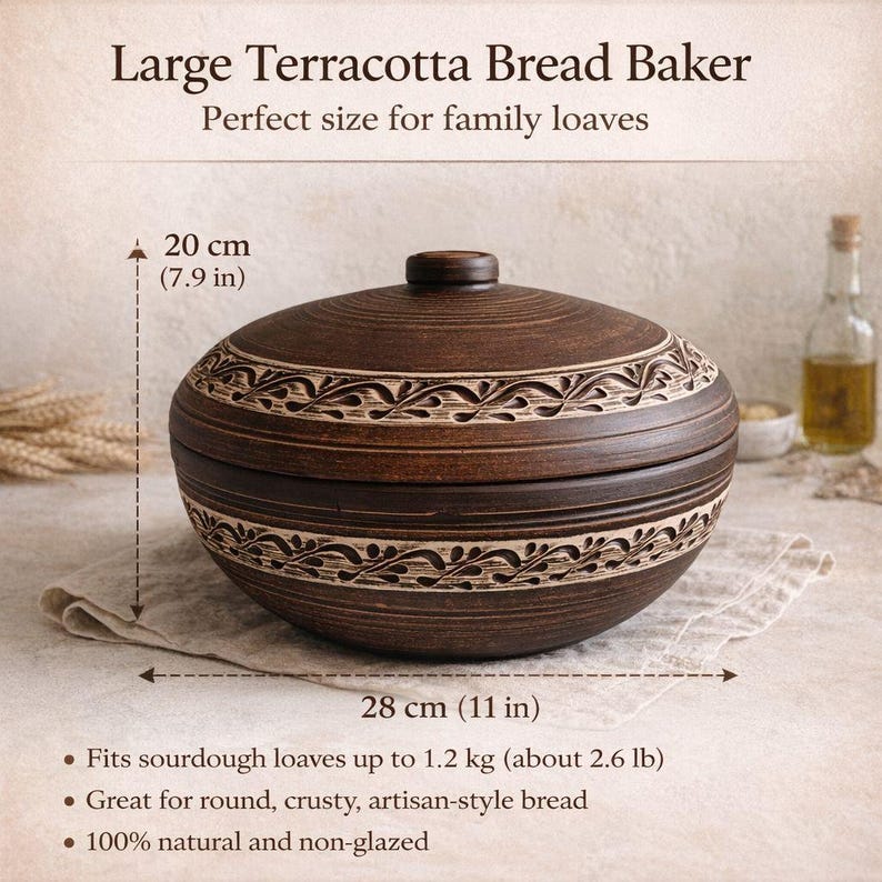 Bread Baker Clay Cloche 28 cm, Terracotta Baking Dish with Lid, Sourdough Bread Pot, Artisan Oven Style Baker