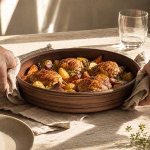 May include: A round, dark brown ceramic baking dish filled with roasted chicken thighs, golden potatoes, sliced red onions, and carrots. The dish has a smooth, ridged exterior and is being held by two hands using a light-colored linen cloth.