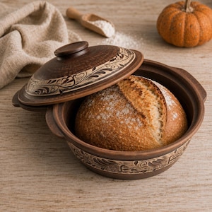 May include: A round, dark brown clay baking pot with a matching lid, both featuring intricate, carved floral patterns. Inside the pot sits a freshly baked, golden-brown loaf of sourdough bread with a dusted flour top and a distinct scored crust.
