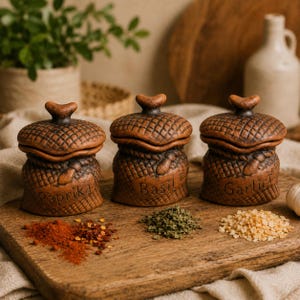 Könnte beinhalten: Drei braune Keramik-Gewürzgläser mit Eichel-förmigen Deckeln, beschriftet mit "Paprika", "Basilikum" und "Knoblauch". Gewürze sind auf einem Holzbrett angeordnet. Eine Topfpflanze und eine weiße Flasche befinden sich im Hintergrund.