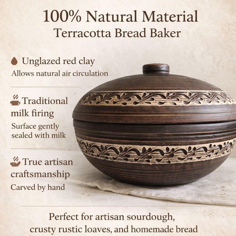 Bread Baker Clay Cloche 28 cm, Terracotta Baking Dish with Lid, Sourdough Bread Pot, Artisan Oven Style Baker