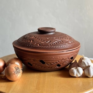 Extra Große Vintage Terrakotta-Zwiebel-Knoblauch-Halterung - Handgeschnitztes Aufbewahrungsglas aus Ton mit belüftetem Deckel - Rustikaler Ingwertopf