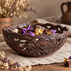 May include: A dark brown ceramic bowl with a scalloped rim and intricate cut-out leaf patterns along the sides. The bowl is filled with assorted chocolates wrapped in shiny gold and purple foil, showcasing a textured, rustic finish.