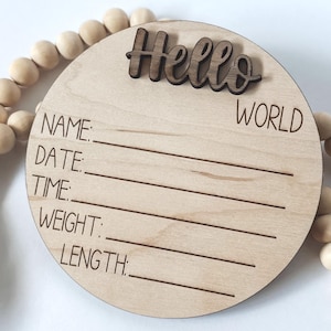 Hallo Welt Baby Runde | Geburtsanzeige aus Ahorn & Nussbaum Holz | Baby-Statistiken-Andenken | Baby-Dusche-Geschenk | Babymitteilungsschild