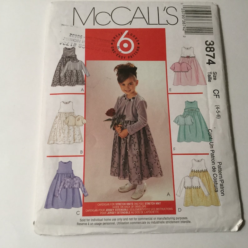 McCall\u2019s 3874 Sewing Patterns Uncut Girl Child Dress Dresses Sewing Size CF 4-5-6 Easy Kids Cloths Cardigan Girls Party Birthday Dresses