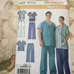 May include: Simplicity easy-to-sew pattern for scrubs. The pattern includes several scrub top and pant designs. The image shows a man and woman wearing the scrubs. The scrubs are blue, green, and white. The pattern number is 4101.