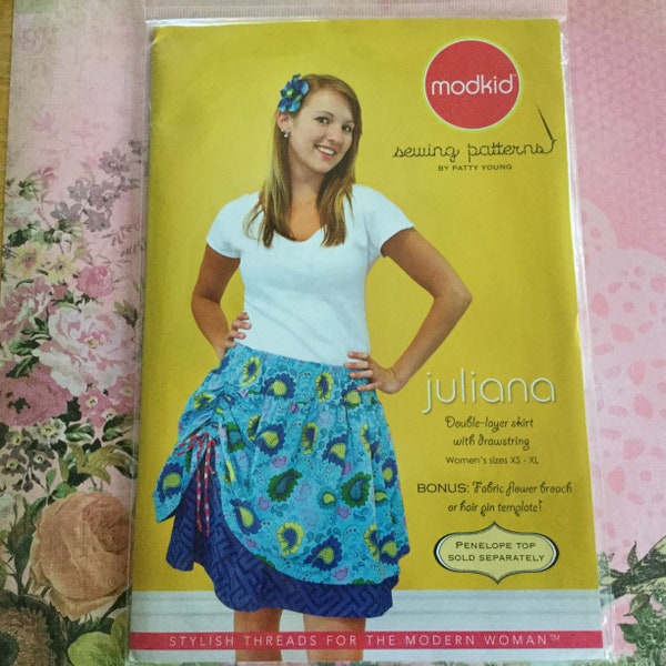 Modkid Juliana Skirt Sewing Pattern, Uncut Misses, Teens Double Layer Skirt With Drawstring Sewing Pattens,  Size XS - XL