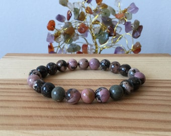 Handmade Natural Black & Pink Rhodonite Gemstone Stretch 7.25” Bracelet, Protection, Healing, Stress, Meditation, Wedding Gift