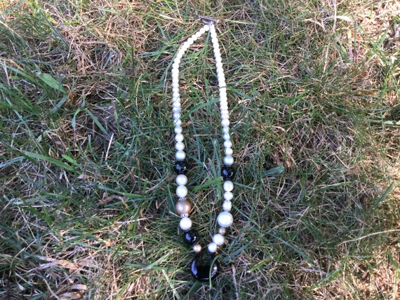 Natural Freshwater Pearl & Black Agate 17” Vintag… - image 9