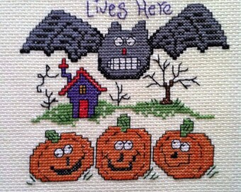 Completed Finished Halloween Cross Stitch - Old Bat Lives Here, Orange Pumpkin Halloween Picture, Bat Pictiure, Halloween Decor, Pumpkins
