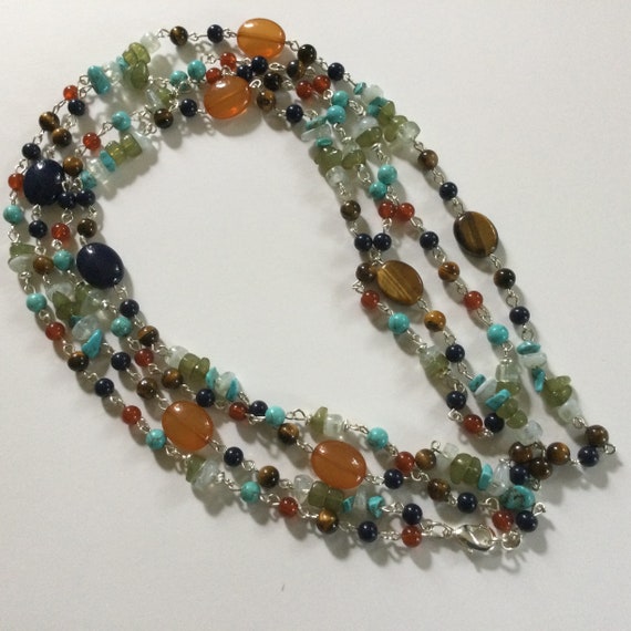 Vintage Mixed Gemstones long 37” Necklace- Agate,… - image 1