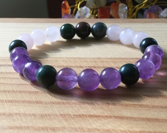 Handmade Genuine Natural Green Agate, Rose Quartz & Amethyst 7” Stretch Bracelet, Love Attraction, Balance, Mixed Gemstone Bracelet