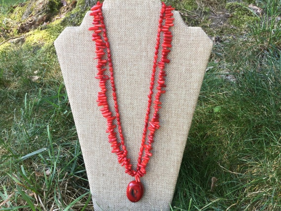 Red Coral Chip 21” Necklace With Large Coral Pendant,… - Gem