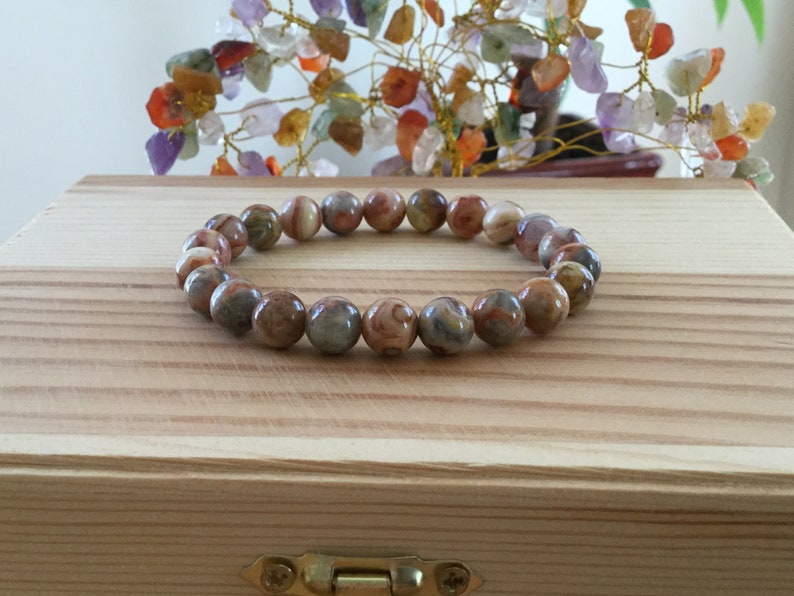 Healing Handmade Natural Red Crazy Lace Agate Gemstone 7\u201d Stretch Bracelet Protection Repel Negative Energy Brown Agate Braclete